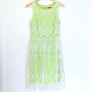 Betsey Johnson Midi Sleeveless Dress Lime Green White Floral Lace Overlay Sz 8